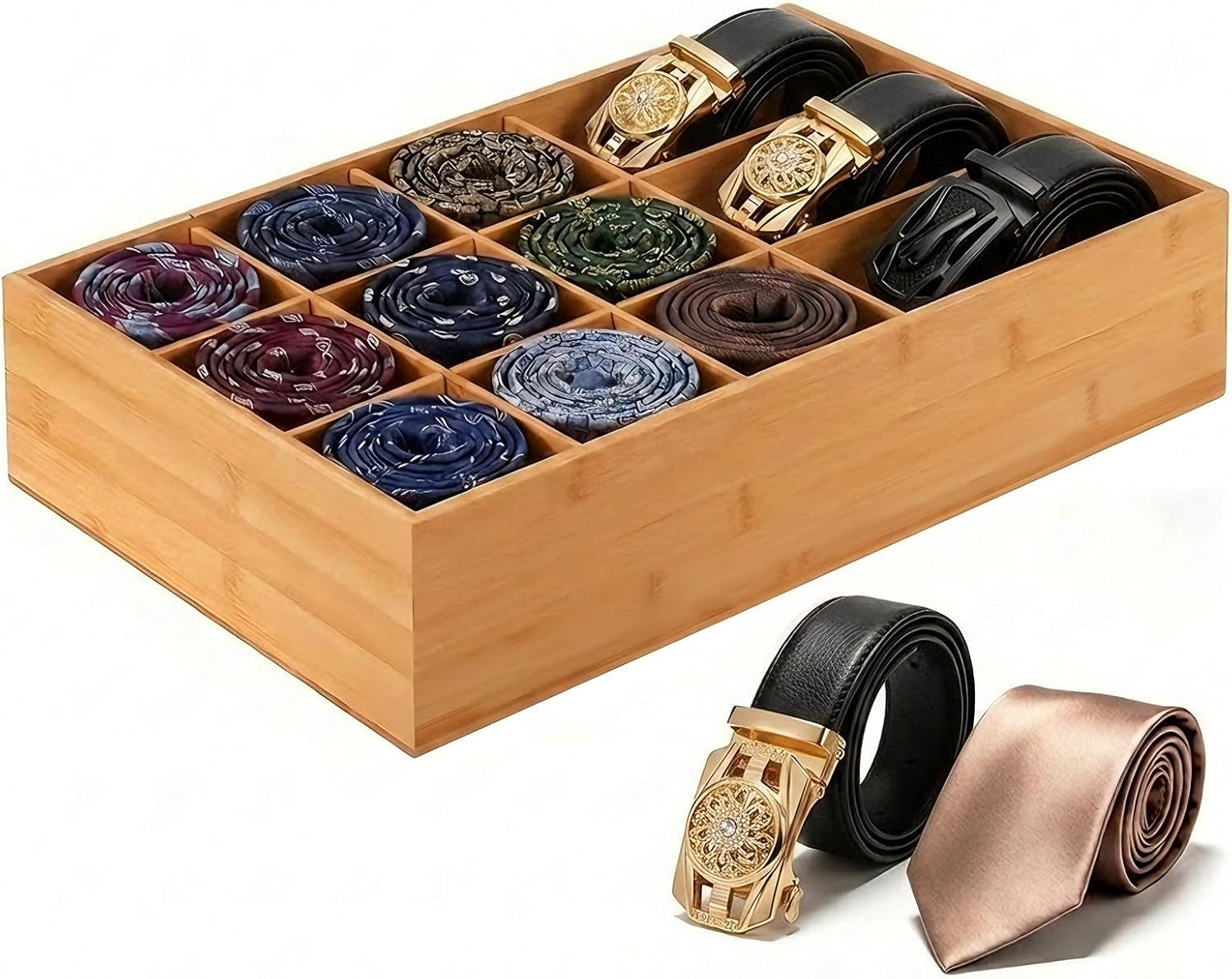 Bamboo Belt Organizer for Closet, Tie Storage Organizer Bins with Detachable Divider Drawer Organizer, Closet Organizers Storage Box for Socks, Bras, Briefs, Ties, Belts,Natural