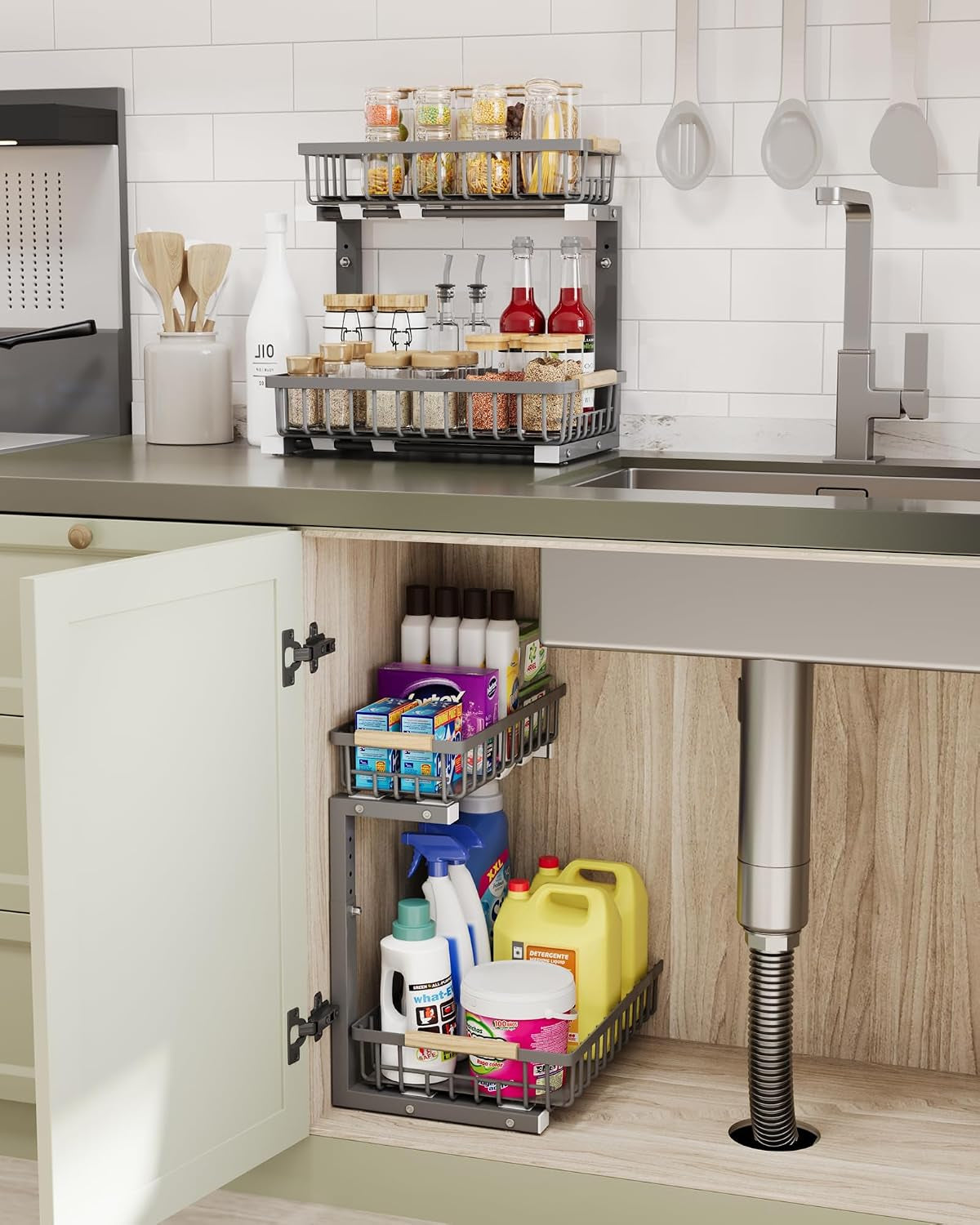 Under Sink Organizer Storage for Families: Pull Out Storage Undersink Organizers Drawer Cabinet - Sliding 2 Tier Rack Metal Organization under Counter Kitchen Bathroom for Homemakers(Gray,2 Pack)