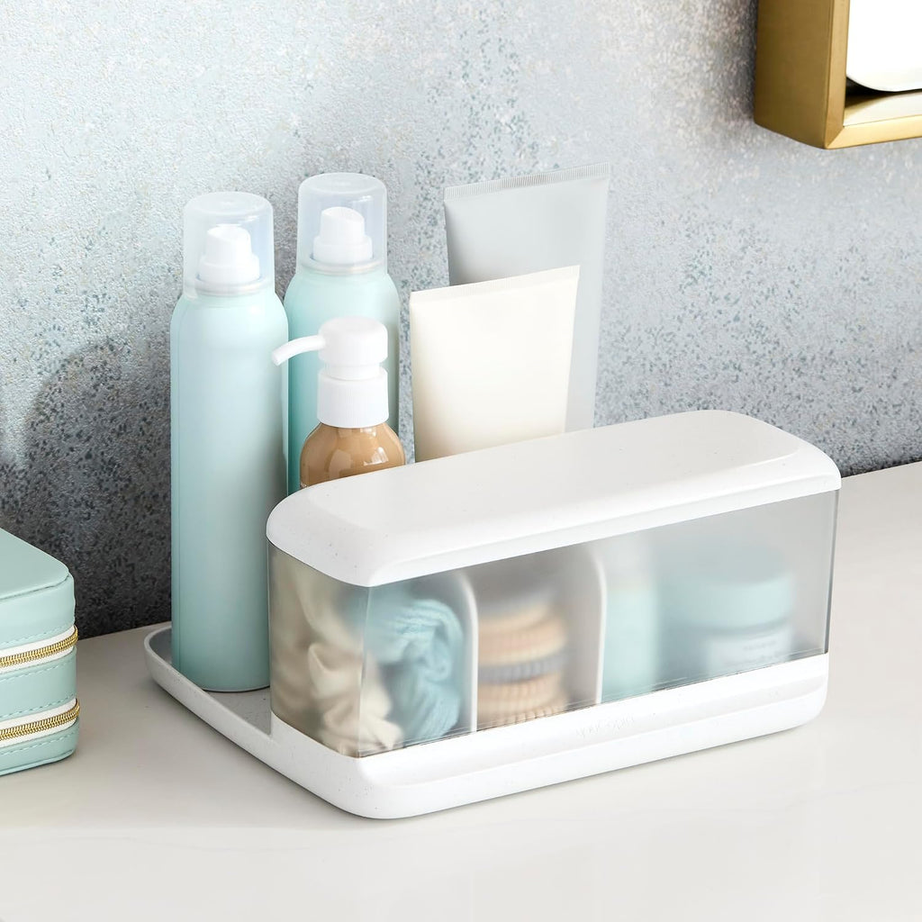 Hideaway Counter Caddy, Bathroom Vanity Countertop Organizer Tray with Adjustable Dividers and Lid