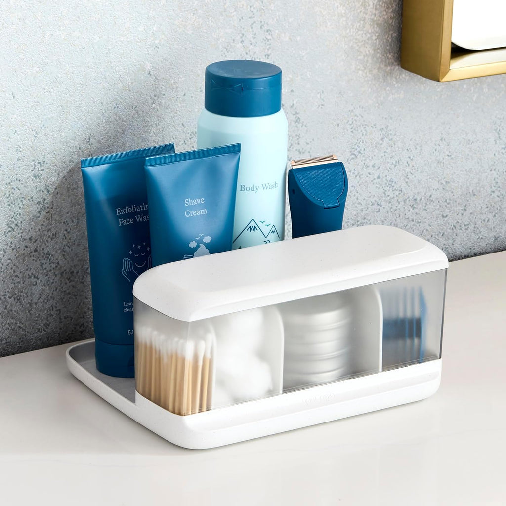 Hideaway Counter Caddy, Bathroom Vanity Countertop Organizer Tray with Adjustable Dividers and Lid