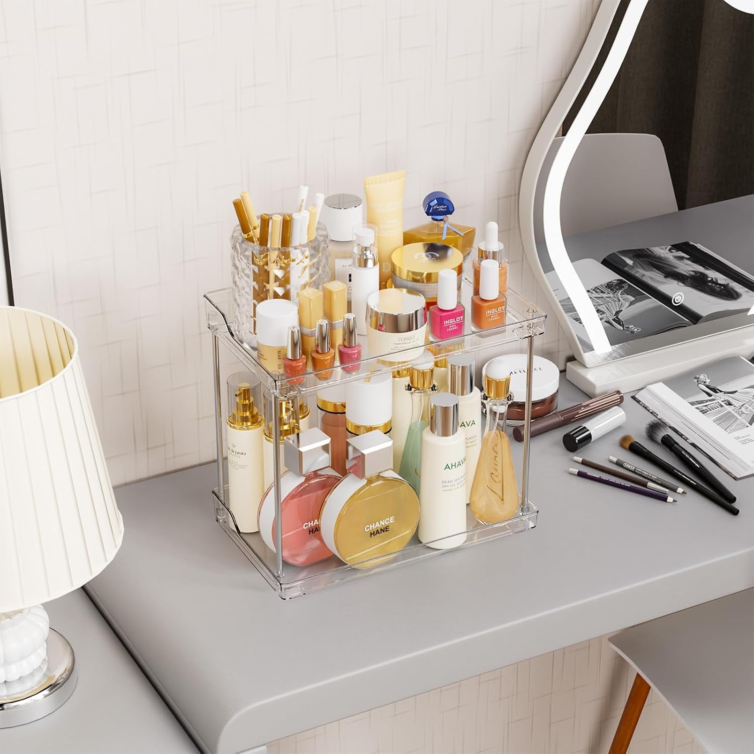 2 Tier Bathroom Counter Organizer,Tiered Bathroom Organizer for Makeup,Perfume,Beauty Products,Skincare Organizers Shelf,Vanity Storage Tray for Bedroom,Spice Racks for Kitchen Corner,Rectangle