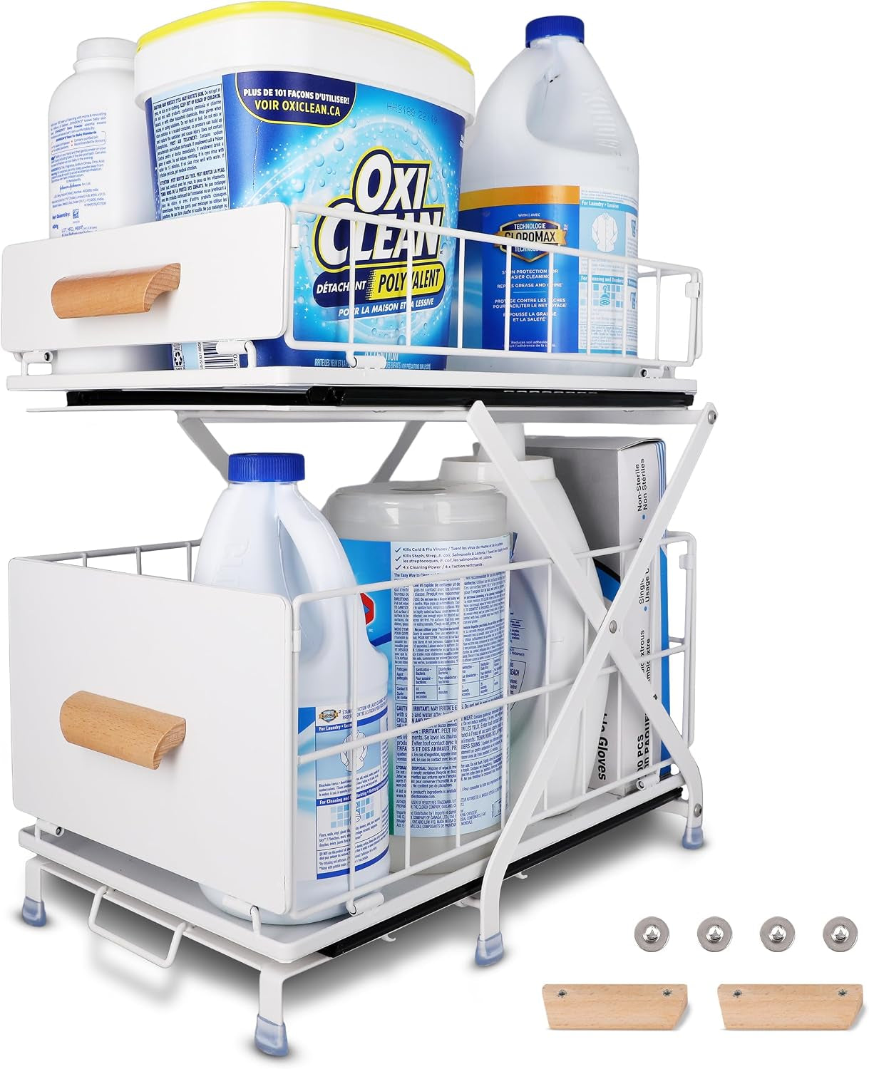 Adjustable under Sink Organizer and Storage, Metal 2-Tier Sliding Drawers under Cabinet Organizer, Bathroom under Sink Organizer - White
