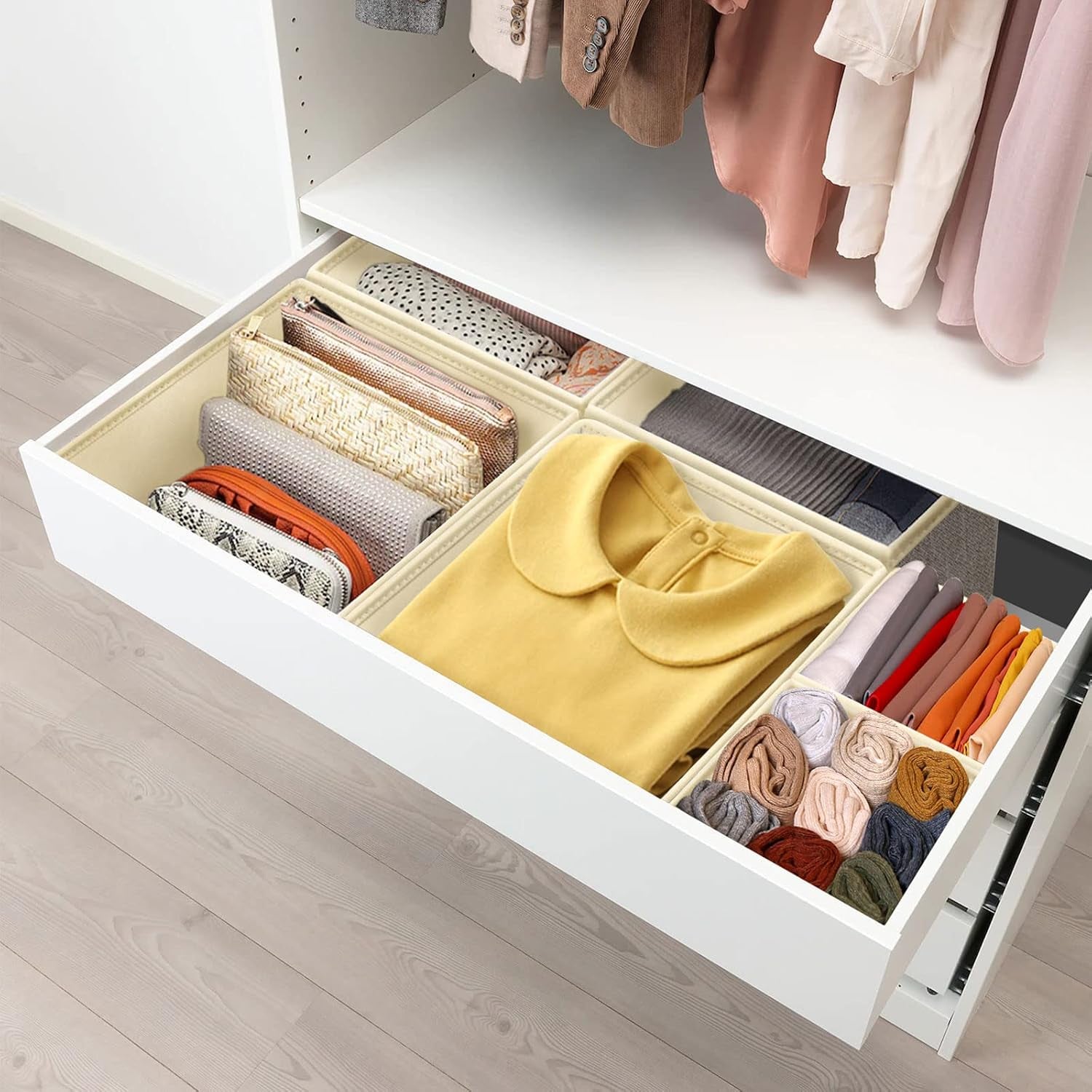 Underwear Drawer Organizer, 6 Set Foldable Underwear Drawer Organizer and Closet Dividers,Storage Box for Clothes, Socks, Underwear (6 Bins, Beige)