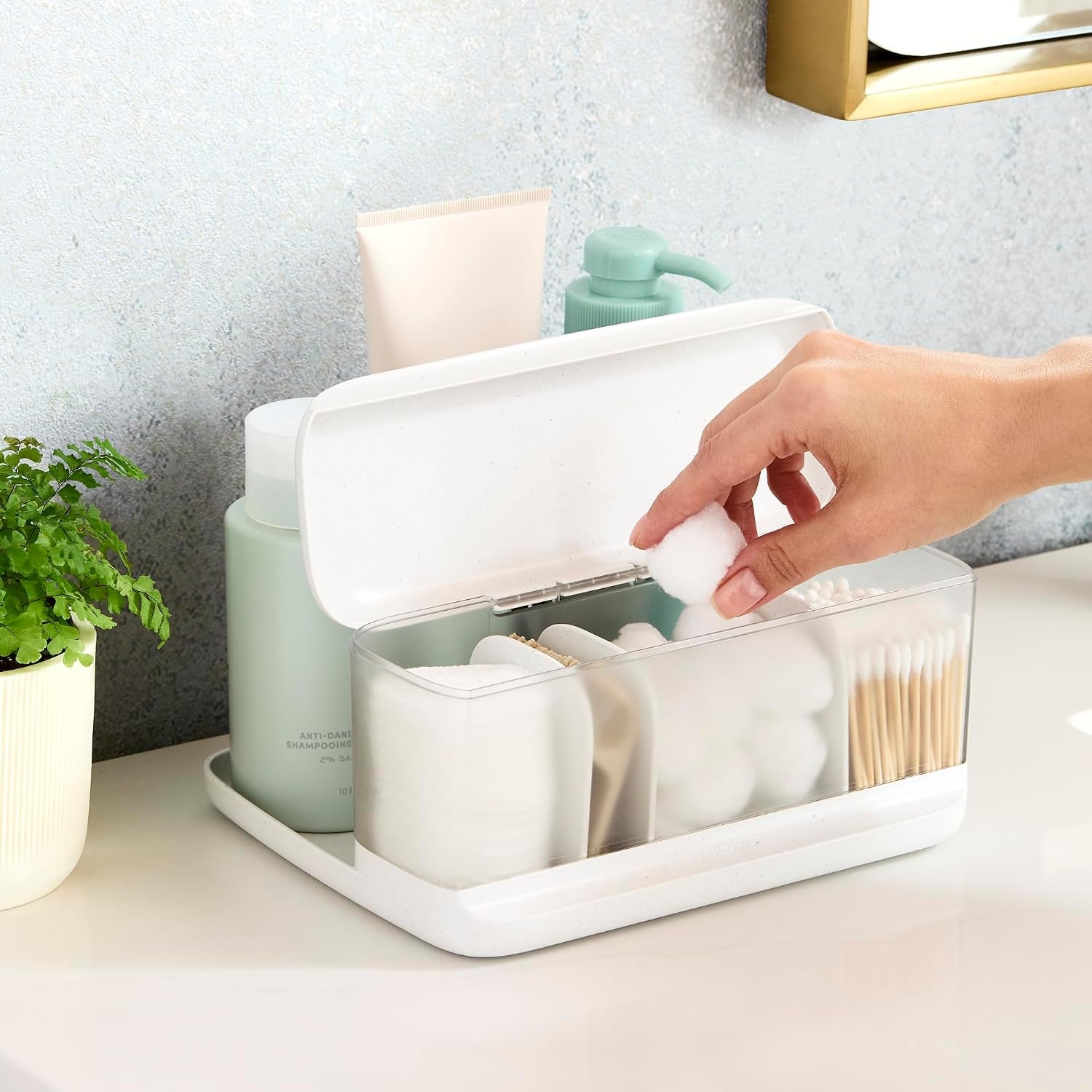 Hideaway Counter Caddy, Bathroom Vanity Countertop Organizer Tray with Adjustable Dividers and Lid