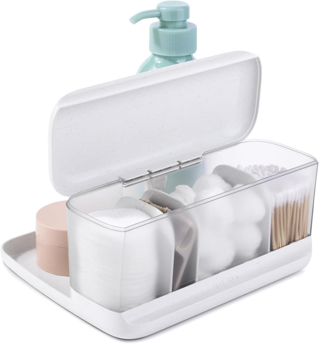Hideaway Counter Caddy, Bathroom Vanity Countertop Organizer Tray with Adjustable Dividers and Lid