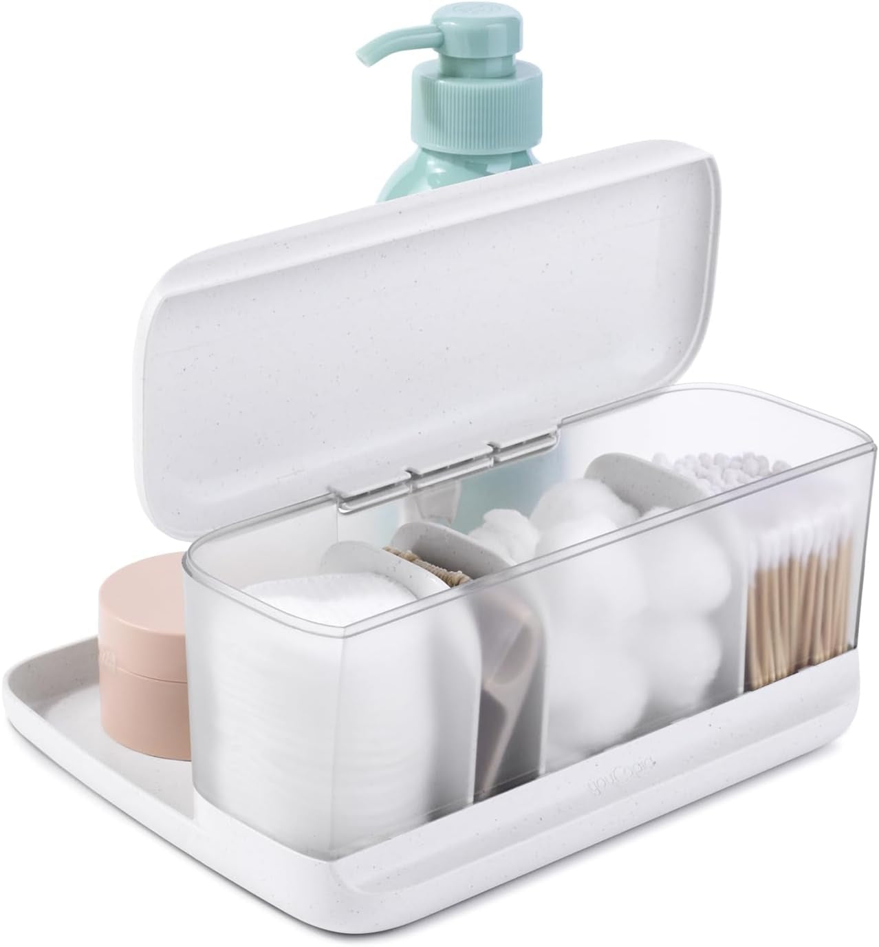 Hideaway Counter Caddy, Bathroom Vanity Countertop Organizer Tray with Adjustable Dividers and Lid