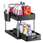 1Pc 2 Tier under Sink Organizer Sliding Cabinet Basket Organizer Storage Rack with Hooks Hanging Cup Bathroom Kitchen Organizer