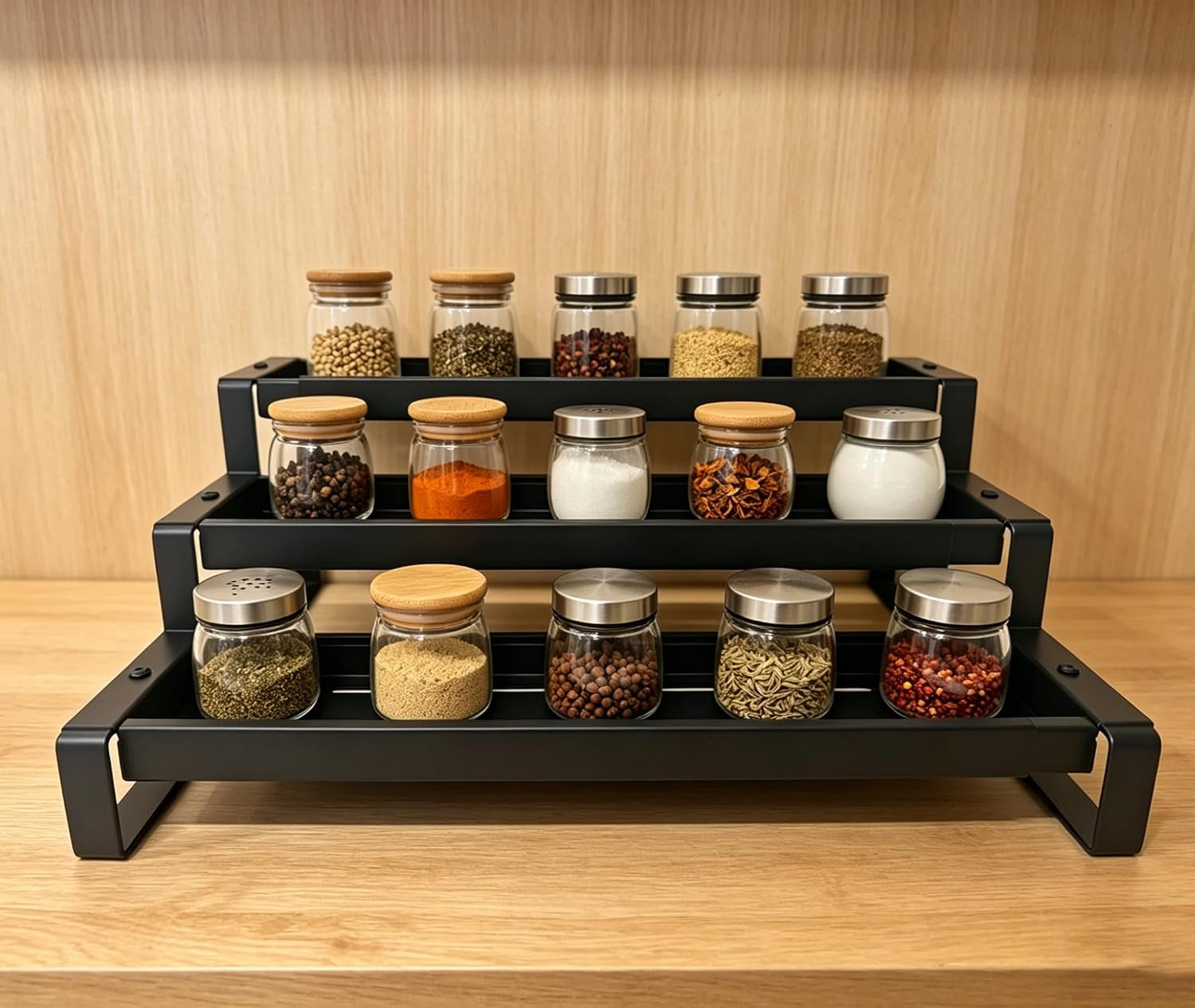 3-Tier Spice Rack Organizer for Cabinet, Adjustable Tiered Spice Shelf for Countertop,Wall Mount, Metal Spice Organizer for Kitchen, Seasoning Rack for Pantry Storage