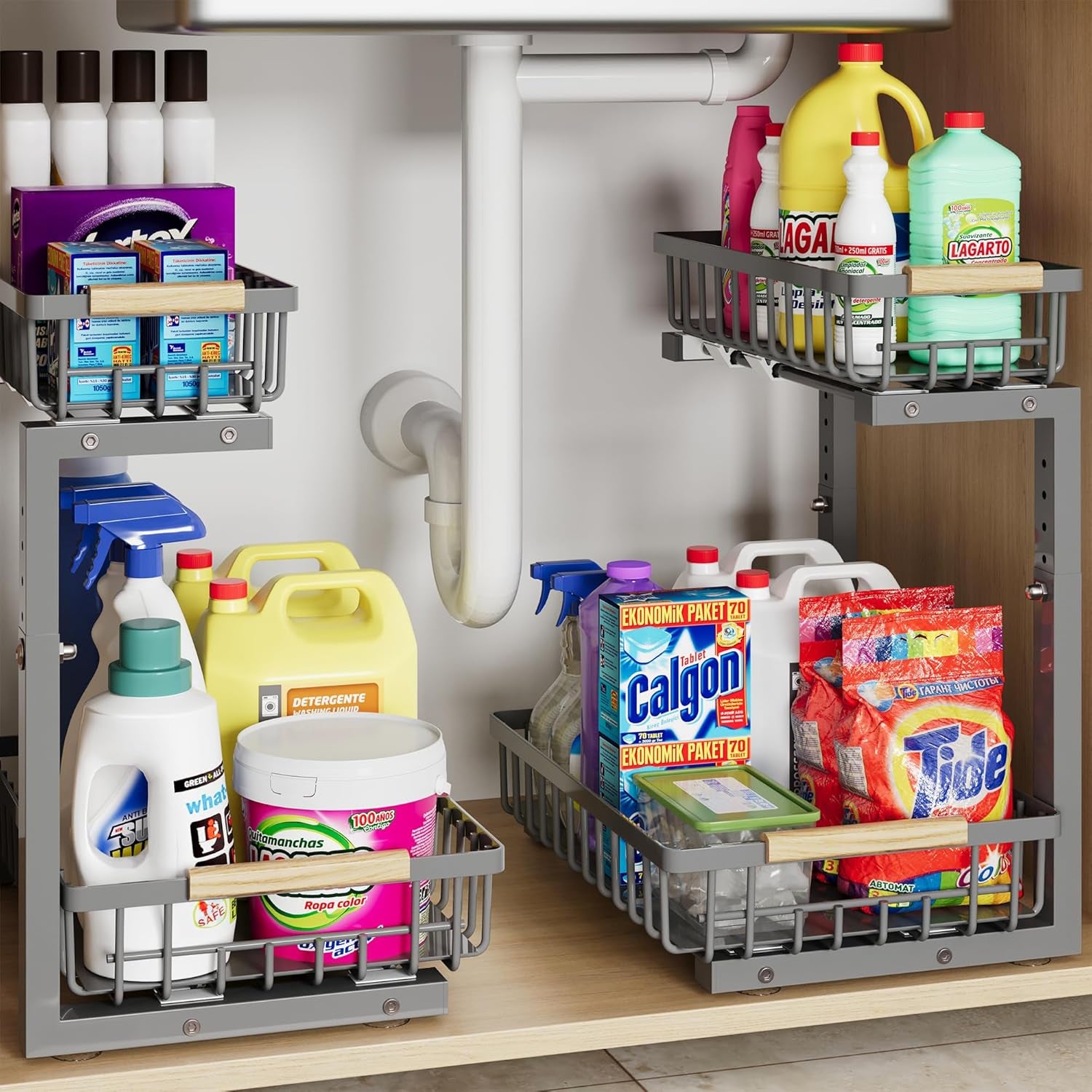 Under Sink Organizer Storage for Families: Pull Out Storage Undersink Organizers Drawer Cabinet - Sliding 2 Tier Rack Metal Organization under Counter Kitchen Bathroom for Homemakers(Gray,2 Pack)