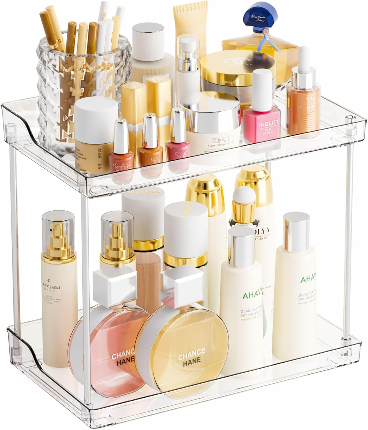 2 Tier Bathroom Counter Organizer,Tiered Bathroom Organizer for Makeup,Perfume,Beauty Products,Skincare Organizers Shelf,Vanity Storage Tray for Bedroom,Spice Racks for Kitchen Corner,Rectangle