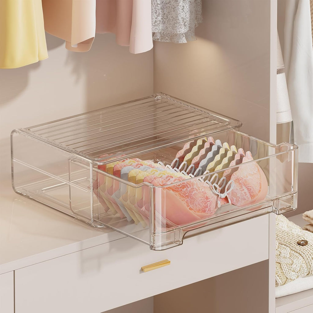 Underwear Drawer Organizer, Plastic Bra Storage Organizer for Closet, Bra Shelf Organizer, Clear Plastic Bra Drawers Stackable Pull Out Drawer Closet Organizer for Belts, Ties, Scarf