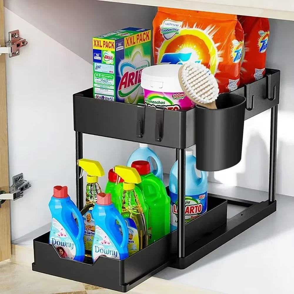 1Pc 2 Tier under Sink Organizer Sliding Cabinet Basket Organizer Storage Rack with Hooks Hanging Cup Bathroom Kitchen Organizer