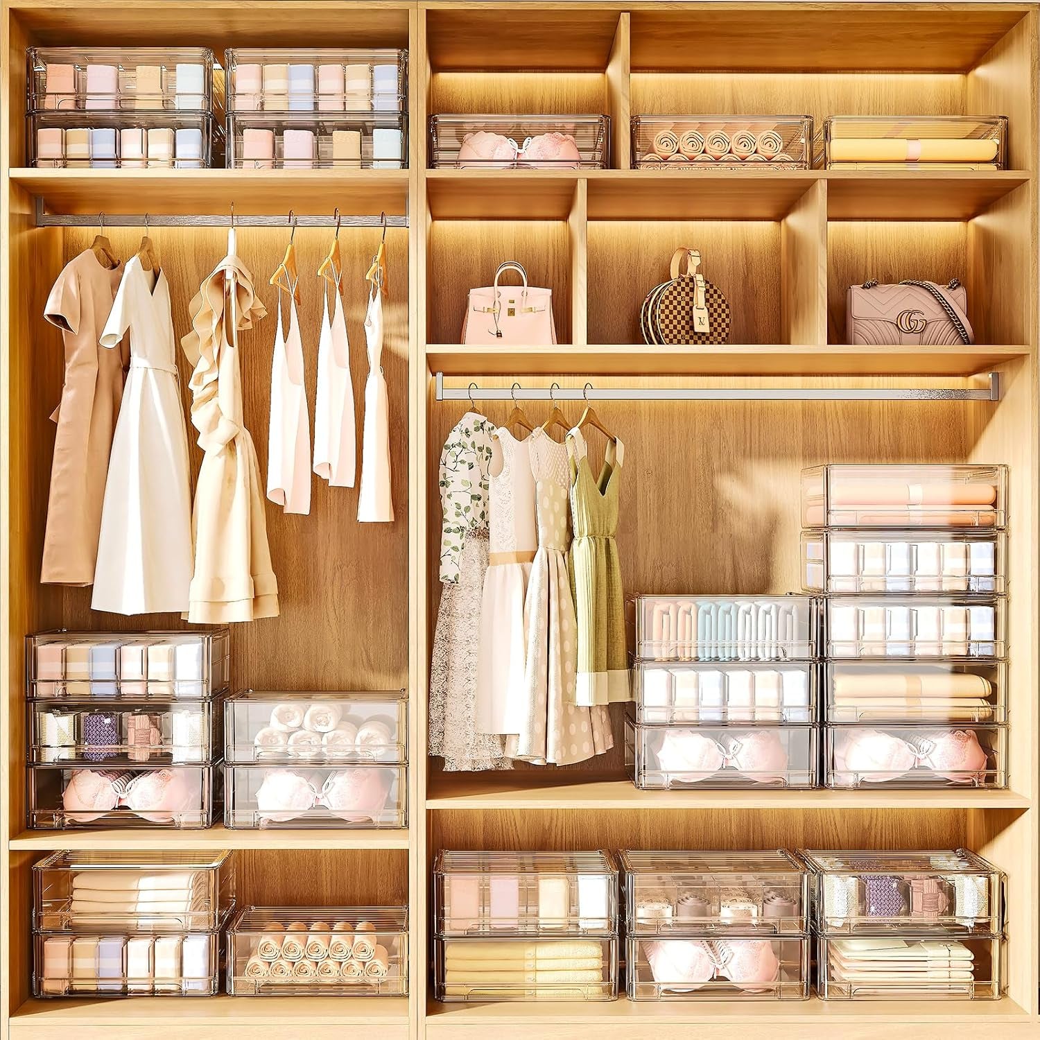Underwear Drawer Organizer, Plastic Bra Storage Organizer for Closet, Bra Shelf Organizer, Clear Plastic Bra Drawers Stackable Pull Out Drawer Closet Organizer for Belts, Ties, Scarf