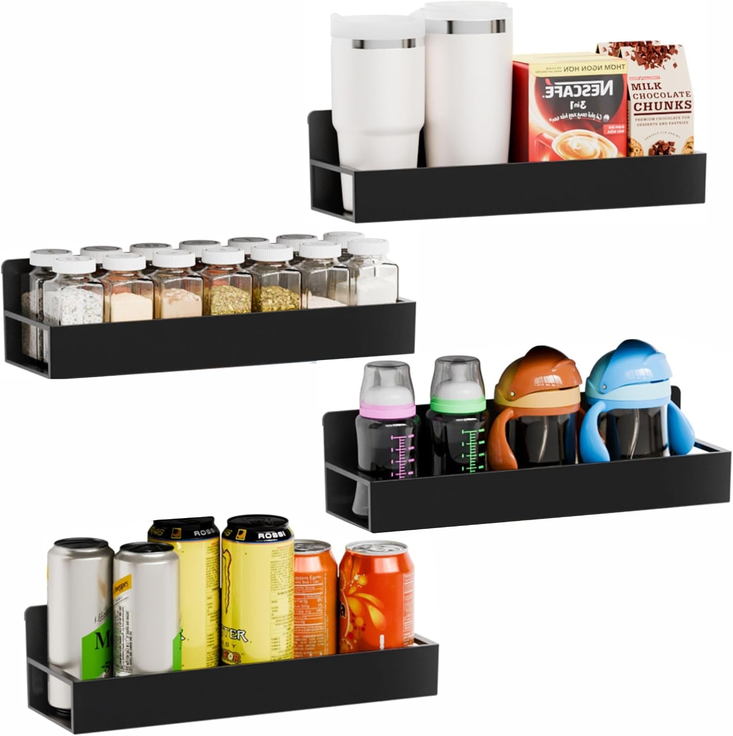 4 Pack Black Spice Rack Wall Mount with Adhesive,11.5″L X 3.6″W,Stick on Seasoning Jar Spice Organization for Cabinet Door or Pantry Door,Adhesive Wall Spice Rack for Rv,Kitchen,Inside Cabinets