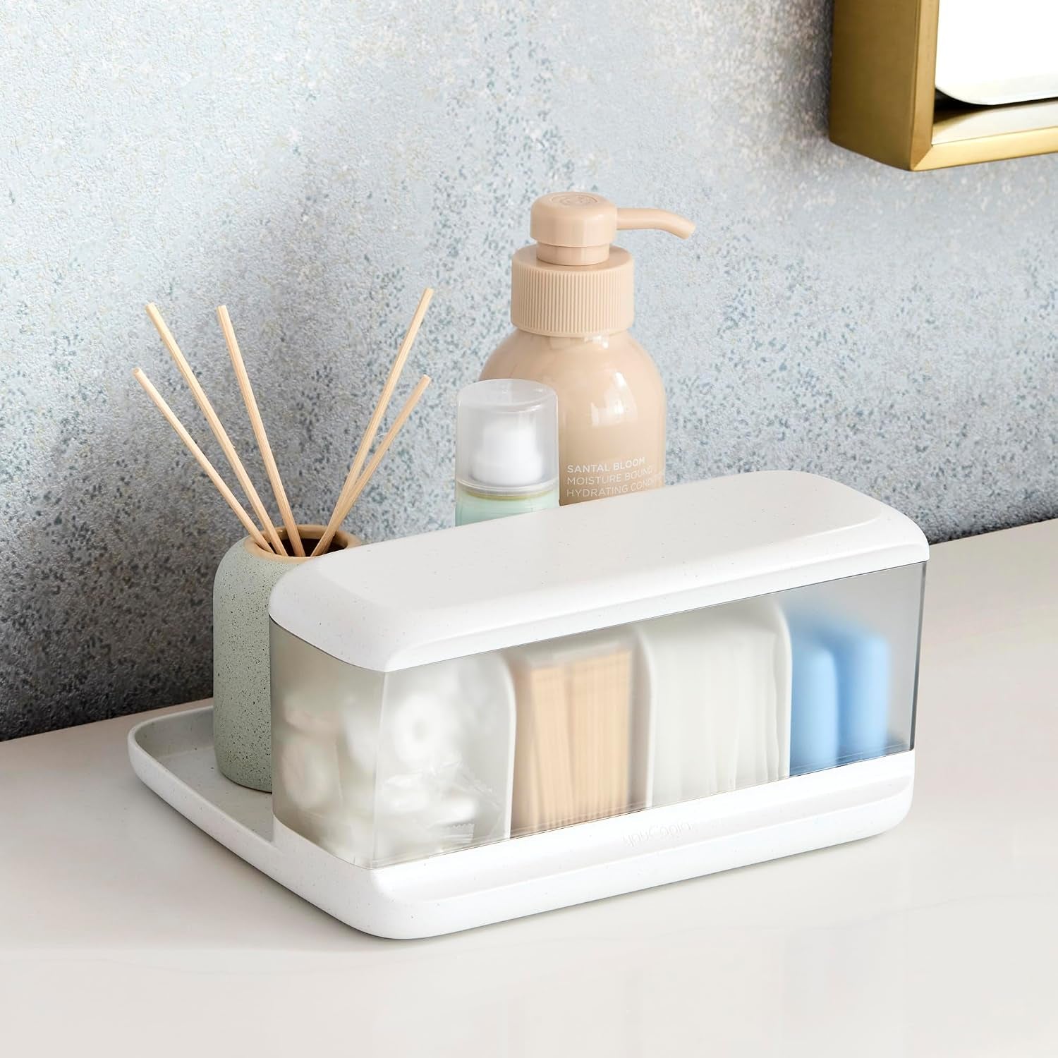 Hideaway Counter Caddy, Bathroom Vanity Countertop Organizer Tray with Adjustable Dividers and Lid