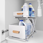 Adjustable under Sink Organizer and Storage, Metal 2-Tier Sliding Drawers under Cabinet Organizer, Bathroom under Sink Organizer - White