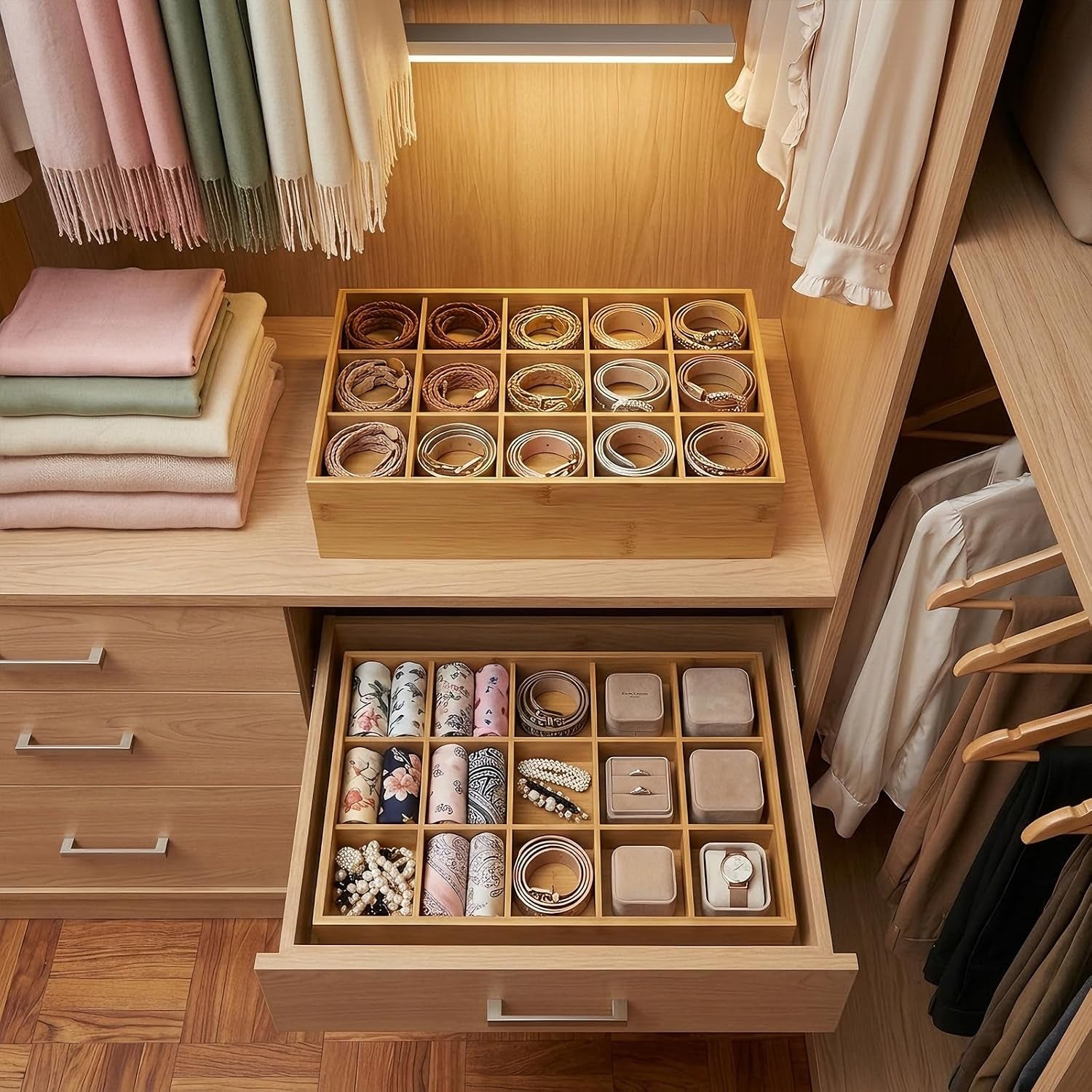 Bamboo Belt Organizer for Closet, Tie Storage Organizer Bins with Detachable Divider Drawer Organizer, Closet Organizers Storage Box for Socks, Bras, Briefs, Ties, Belts,Natural