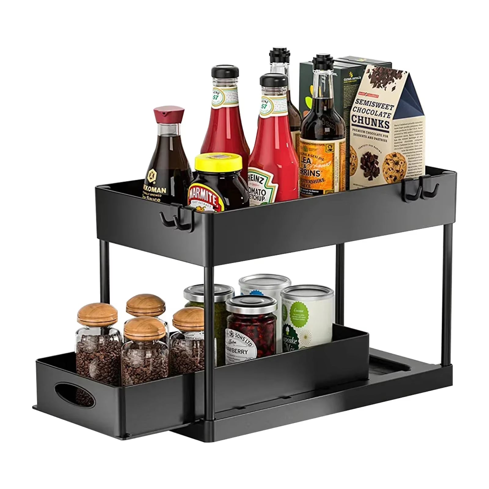 1Pc 2 Tier under Sink Organizer Sliding Cabinet Basket Organizer Storage Rack with Hooks Hanging Cup Bathroom Kitchen Organizer